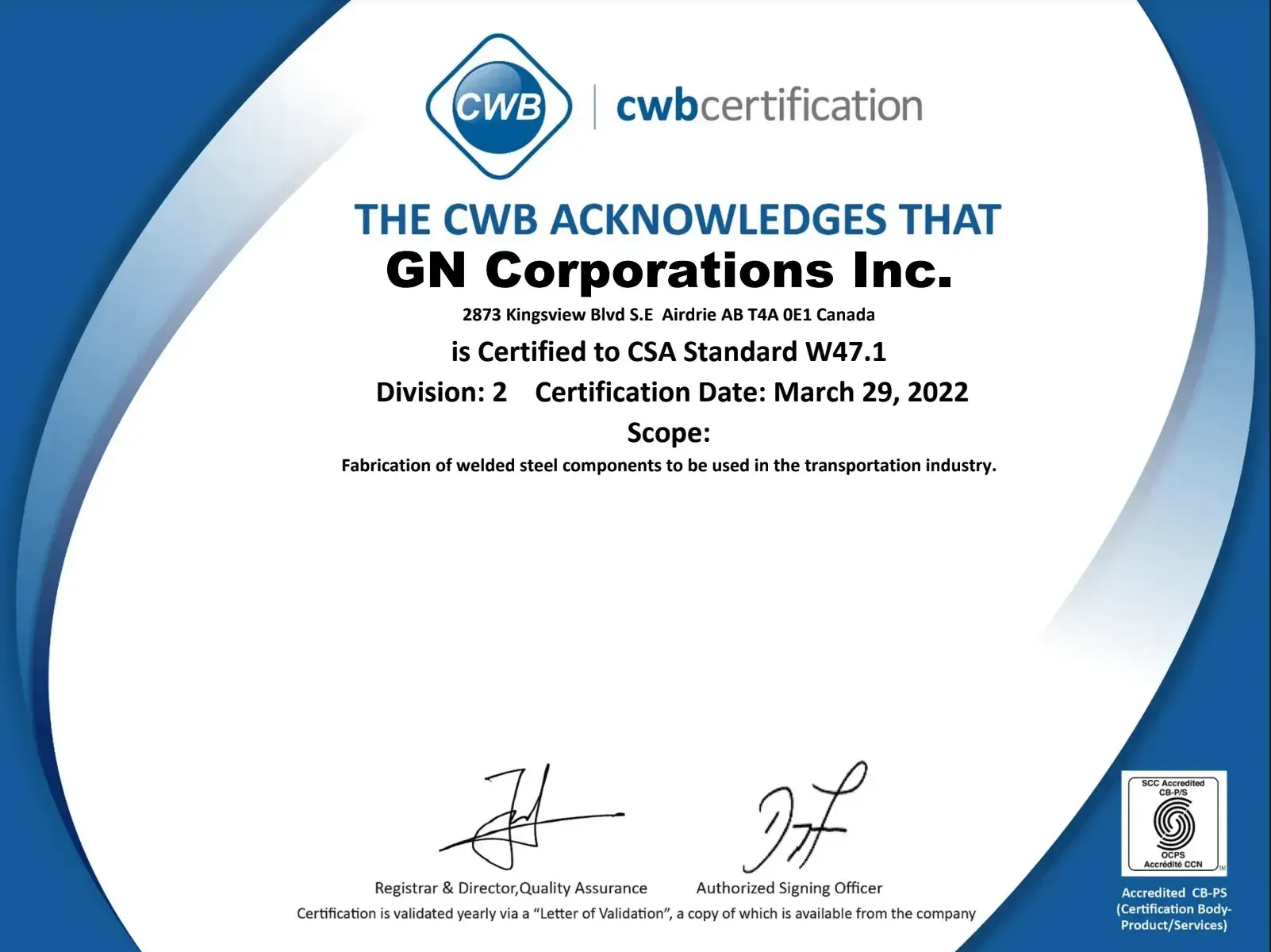 A certificate that says the cwb acknowledges that gn corporations inc.