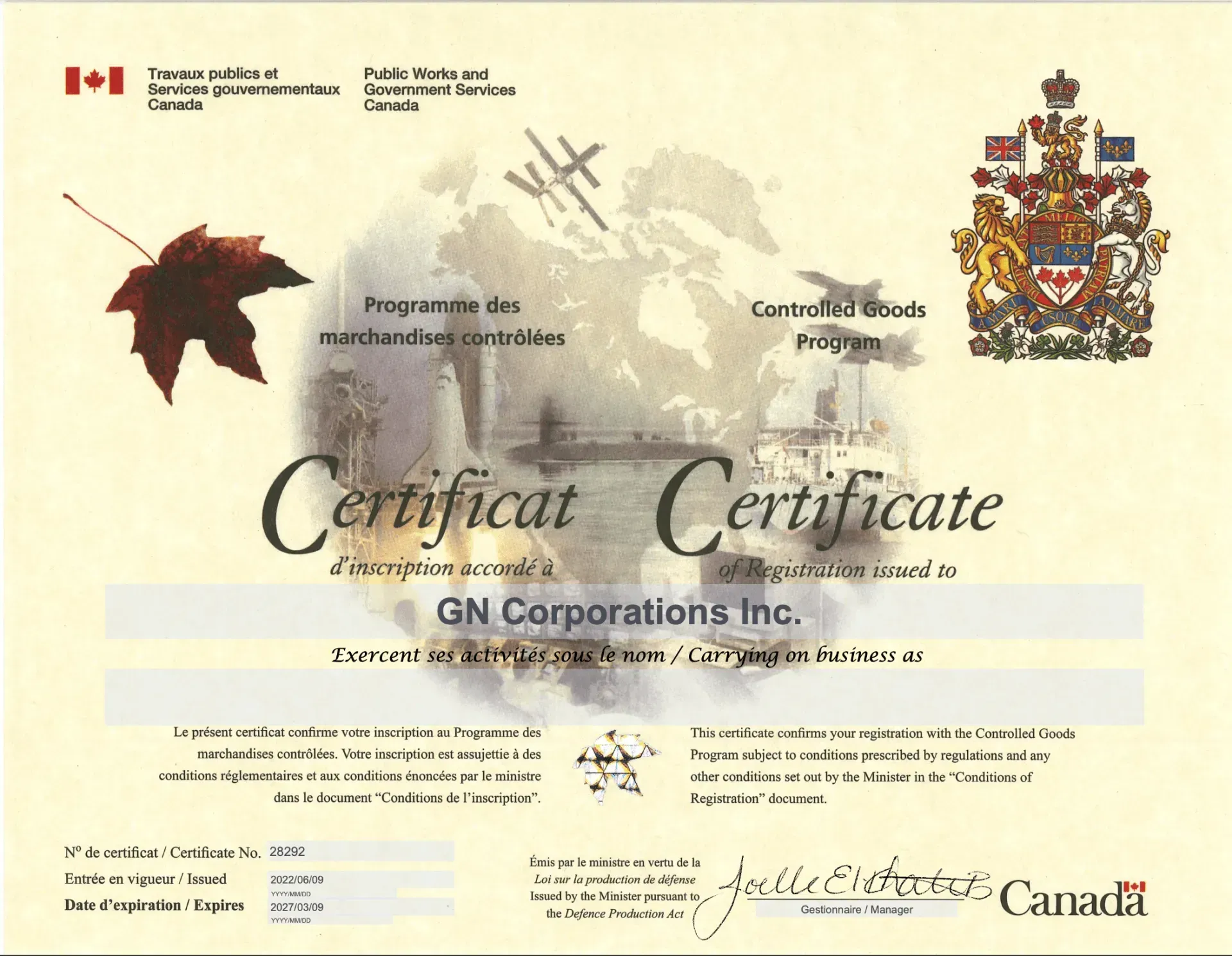 A certificate from gn corporations inc. with a maple leaf on it
